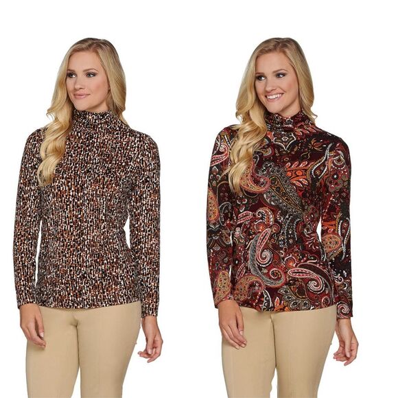 Susan Graver 3X Set of 2 Print Brushed Liquid Knit Turtleneck Tops Tan Red NWT - Picture 1 of 3